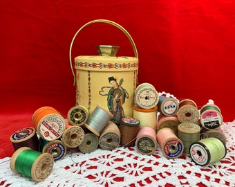 22 Wooden Spools of Vintage Thread in Vintage Tin | Belding, J and P Coats, Star, Coats & Clark | Vintage Sewing Notions | Wooden Spools