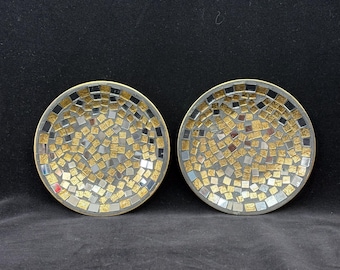 Vintage Set of 2 MCM Style Round Mirrored and Gold Mosaic Tiled Wall Decor