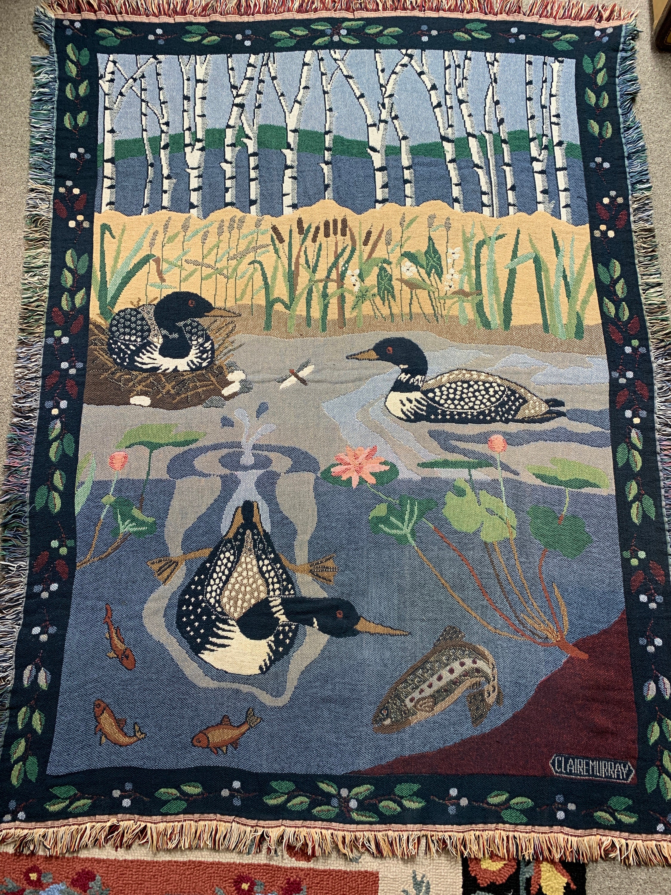 Vintage Claire Murray Woven Tapestry LL Bean Throw Blanket with Loons Trout  Pond Lakehouse, Cottage, Fishing, Lake Vintage LL Bean
