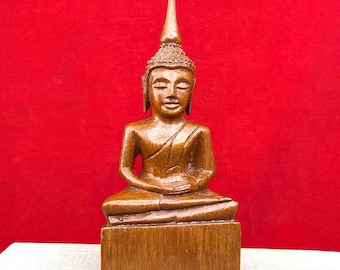 Small Vintage Carved Wooden Sitting Buddha Statue Figurine - 5 1/4 in. H - Thailand