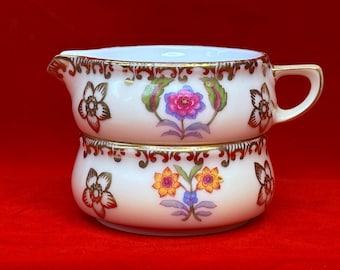 Royal R S Silesia Germany Porcelain Stacking Small Sugar Bowl and Creamer | Floral and Gold Design