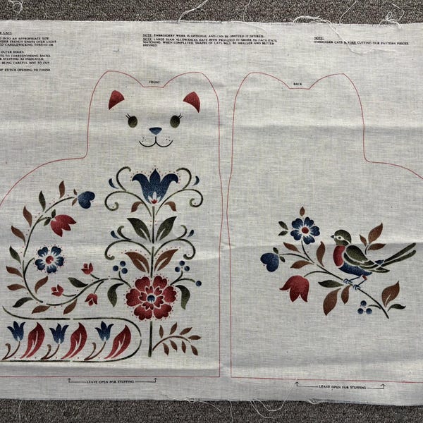 Vintage Cut and Sew "Country Cats" Fabric Panel to Make 2 Stuffed Kitties | Cranston Print Works