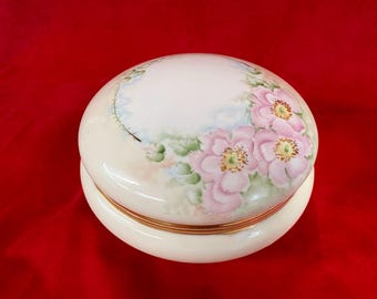 Vintage Limoges France Large 7 in. Round Hand Painted Porcelain Vanity Powder Dresser Trinket Jar Container | Marked "Limoges UC France"