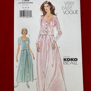May include: Vogue pattern 7169, featuring illustrations of two dress designs. The pattern packet includes sizing information for sizes 14-16-18. The design is by Koko Beall. The cover has a red background.