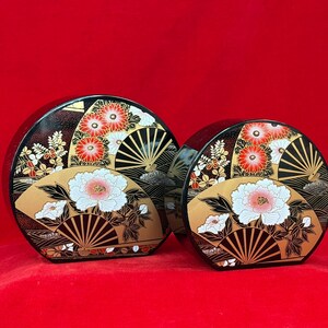 Black Plastic Lacquerware Japanese Nesting Lidded Boxes Set of 2 | Trinket Boxes, Jewelry, Shelf Decor