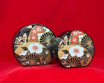 Black Plastic Lacquerware Japanese Nesting Lidded Boxes Set of 2 | Trinket Boxes, Jewelry, Shelf Decor