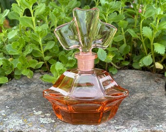 Vintage Czech Pink Glass Perfume Bottle with Top: Art Deco Vanity Decor