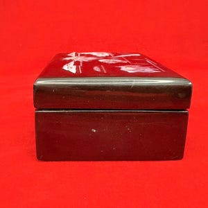 Op de afbeelding: Een rechthoekige, donkerbruine doos met een glanzende afwerking. De bovenkant van de doos heeft een wit bloemenontwerp. De doos is gesloten en staat tegen een rode achtergrond. De doos lijkt van hout te zijn.