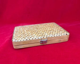 Vintage Rattan Bamboo Woven Shallow Storage Case with Hinged Lid