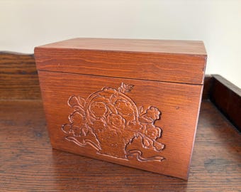 Vintage Wooden Hinged Cover Recipe Box with Impressed Basket Design Includes Handwritten, Clipped Recipes and Homeopathic Remedies Booklet