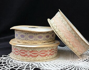 Ruban de dentelle artisanale Lion vintage avec insertion de ruban Lot de 3 bobines NOS - 1 1/4 et 1 1/2 W