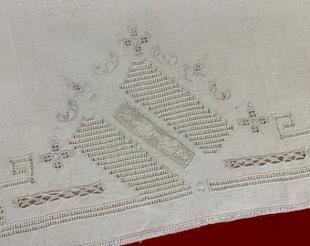 Vintage Linen Hand Embroidered Drawnwork Tea Towel | Vintage Kitchen Linen | Cottage Kitchen