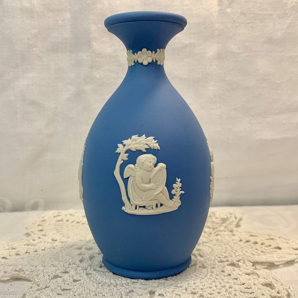 Vintage Wedgewood Jasper Ware Blue Small Bud Vase with Cherub Design | Blue Wedgewood England 4 3/4 in. H Bud Vase