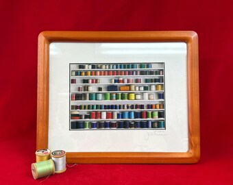 Vintage Signed Photograph Spools of Thread in Teak Wood Rectangular Frame 11 1/4 in. X 9 1/4 in.  Sewing Room Decor