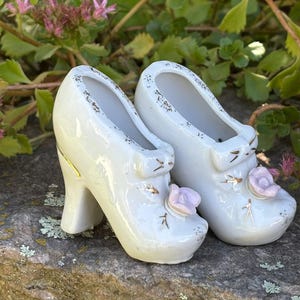 Vintage Pair of Ceramic High Heeled Shoes Made in Japan | Ceramic Shoes with Flower | Collectible Vintage Porcelain Shoes