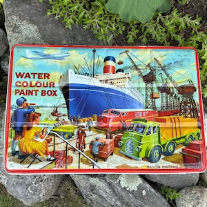 Vtg 1950s Large Children&#39;s Watercolor Tin Paint Palette Box Lithograph Imagery | Page London England | Children Painting in Dock Scene