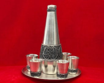 Vintage Melchior Bar Set: USSR Decanter, Shot Glasses & Tray, Original Box - Filigree Bar Cart Decor