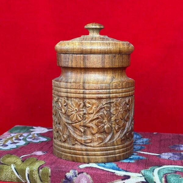 Vintage Hand Carved Round Wooden Lidded Jar | Made in India | Trinkets, Storage, Shelf Decor