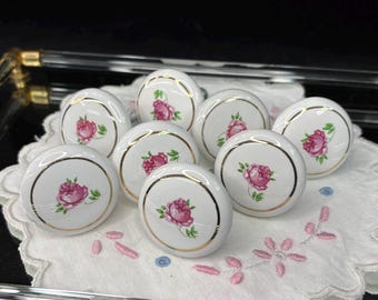 Set of 8 Vintage White Porcelain Ceramic Round Drawer Pulls with Floral Rose Design, 1 1/2 in. diameter with Screws