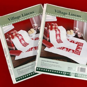 Set of 2 Village Linens Kits 20-165 Christmas Silhouette Table Runner and Table Topper Set Stamped Cross Stitch Embroidery Kits | Christmas