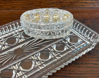 Plateau rectangulaire vintage en verre et vide-poches ovale couvert | Ensemble plateau de toilette et vide-poches à bijoux