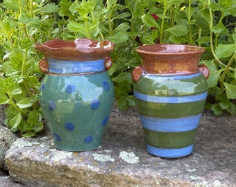 Set of 2 Small Signed Studio Pottery Handmade Vases Red Clay with Green and Blue | Country, Farmhouse, Primitive, Cottage, Rustic | 4 in. H
