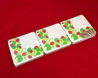 Vintage Drink Coasters Set of 6 with Strawberry Design and Cork Back - New Old Stock in Original Package | 4 in. Square