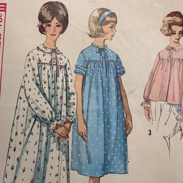 Simplicity 5193 Vintage Nightgown in Two Lengths and BedJacket  | Size 12 Bust 32 | Cut, Complete | 1960s Grandma Nightgown Pattern