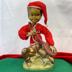 Vintage Plastic Fantasy Pixie Elf Playing Musical Instrument | Creepy Elf Guy Made in Hong Kong | Tilso Plastic Elf