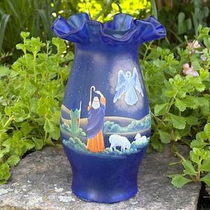 Fenton Art Glass Cobalt Blue Satin Glass Hurricane Candle Lamp *TOP ONLY* Hand Painted Signed by S Bryan, 1999 | Christmas Shepards Angels