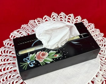 Vintage Black Metal Toleware Tissue Box Cover Hand Painted Rose Design Shelf or Wall Mount