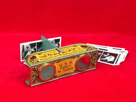 Antique Imperial Rotograph Folding Lithographed Tin Stereoscope with 23 "Beauties" Slides - Made in Germany - USA Patent
