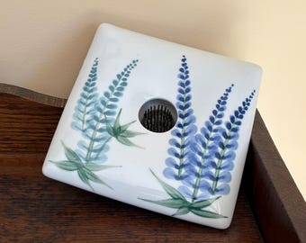 Vintage Georgetown Pottery Maine Ikebana Square Vase with Lupine Design Handmade