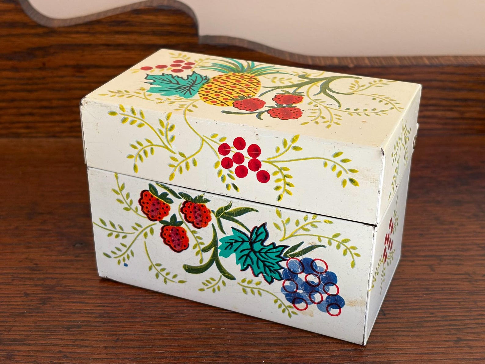 Vintage J Chein Metal Recipe Box with Hinged Cover Fruit Design with Recipes Included