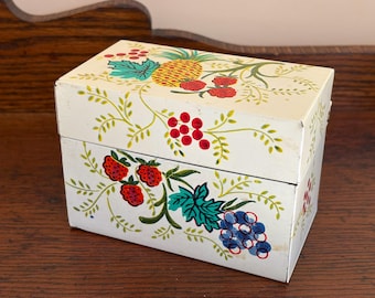 Vintage J Chein Metal Recipe Box with Hinged Cover Fruit Design with Recipes Included