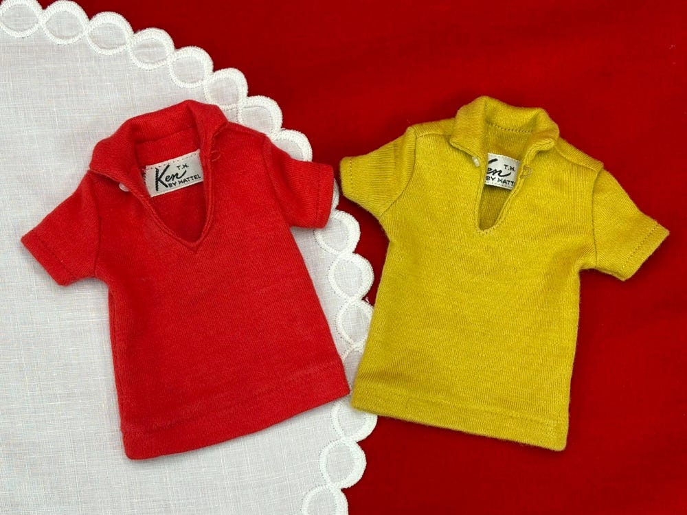 Vintage Mattel Ken 1960S Polo Shirts, Red And Mustard/Gold Set Of 2 Ken Fashion Pak Polo Shirts Trendy Fashion