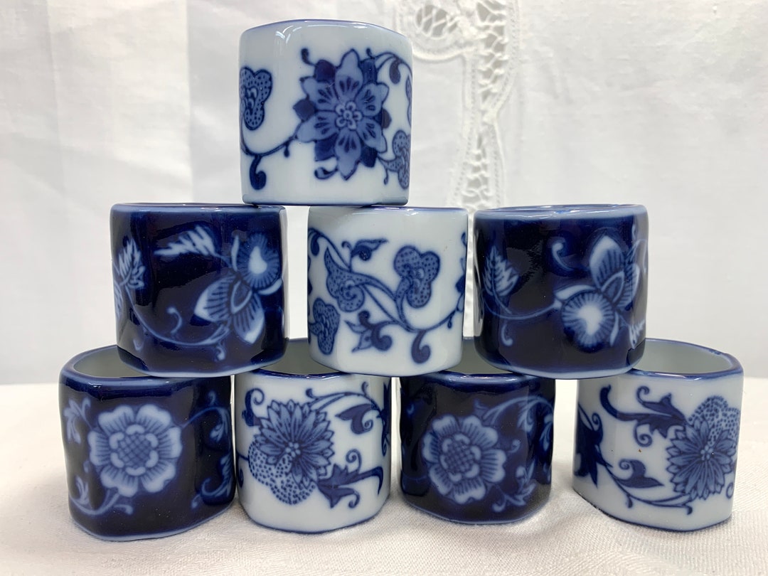 Pier 1 Imports Mandarin Napkin Rings Set of 8 Blue and White Porcelain