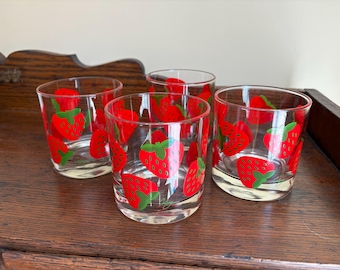 Set of 4 Vintage Signed COLONY Strawberry Design Low Ball, Rocks, Drinking Glasses, Tumblers | Summer Drinkware, Barware