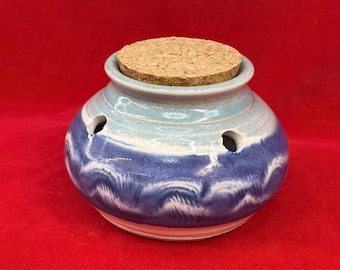 Handmade Art Pottery Signed Garlic Keeper with Cork Lid - Shades of Blue