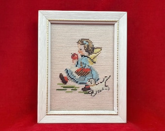 Vintage Framed Needlepoint Picture of a Little Girl with Dog