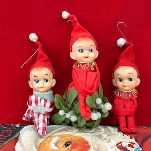 Set of 3 Vintage Pixie Elf Knee Hugger Christmas Ornaments Napco Japan | Red and Red Checkered