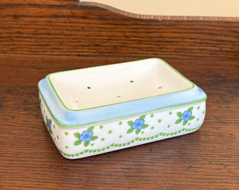 Vintage Seven Seas Ceramic Blue and Green Floral Pattern Soap Dish Made in Japan | Bathroom Soap
