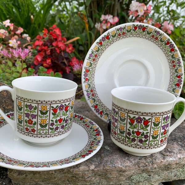Royal Doulton Fireglow Set of Two Cup and Saucers | Replacement Royal Doulton Floral Fireglow Tea Coffee Cups Saucers | 1970s Royal Doulton