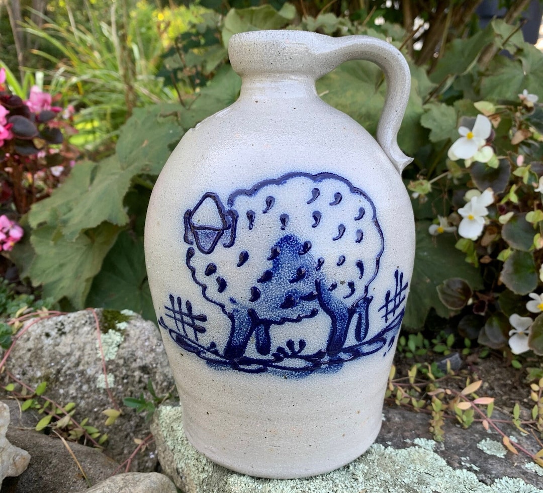 Vintage Rowe Pottery Works Jug With Sheep Lamb Design Dated 1988 HTF