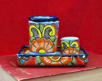 Service à shooter vintage Talavera 3 pièces pour tequila : verre à shooter, salière et plateau.
