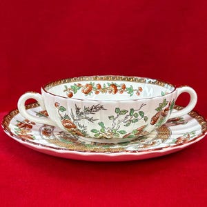 May include: A white ceramic soup bowl with two handles and a matching saucer. The bowl and saucer feature a detailed floral and foliage design in shades of orange, green, and brown, with gold trim. The set is placed on a red surface.
