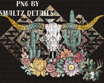 May include: A white cow skull with gold horns is surrounded by green cacti and colorful flowers. The background is a black and white geometric pattern.
