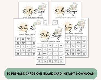 May include: A set of 50 printable baby bingo cards with a cute elephant and sun design. The cards feature a grid with various baby-related items, such as a crib, changing pad, and diaper.
