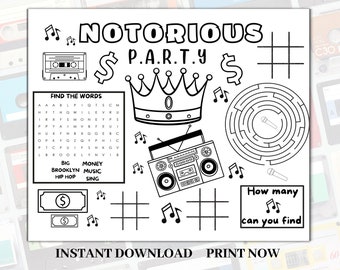 Notorious Party Kids party Placemats , Coloring Placemat Printable, Notorious Party Activity Mat, notorious one coloring pack, Biggie smalls
