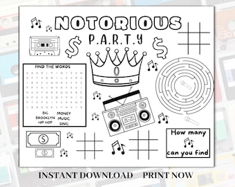 Notorious Party Kids party Placemats , Coloring Placemat Printable, Notorious Party Activity Mat, notorious one coloring pack, Biggie smalls